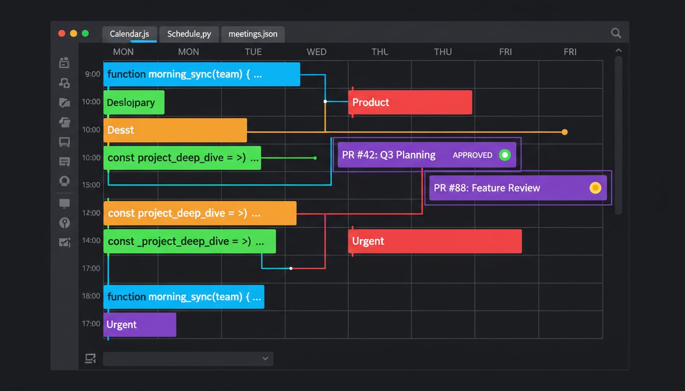 A weekly calendar rendered to look like a code editor with syntax-highlighted time blocks and pull request indicators