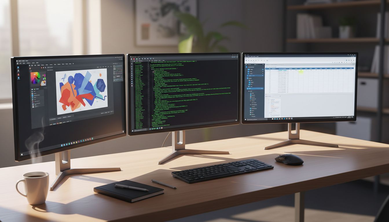 A three-monitor desk setup showing macOS, Linux, and Windows operating systems running simultaneously
