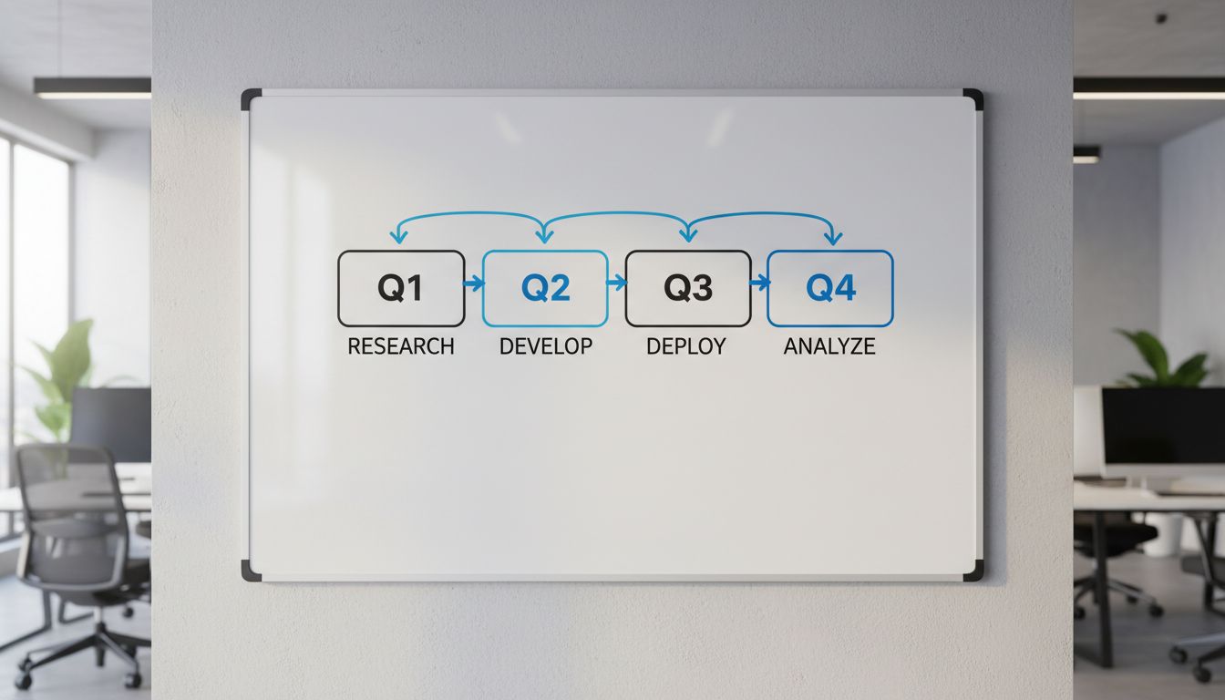 Quarterly workflow reset framework diagram on a whiteboard