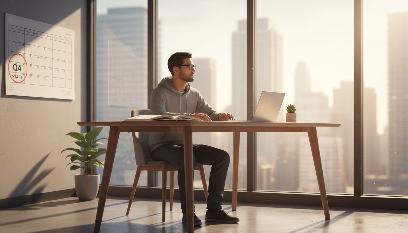 A tech worker reviewing their quarterly workflow at a minimalist desk with morning light