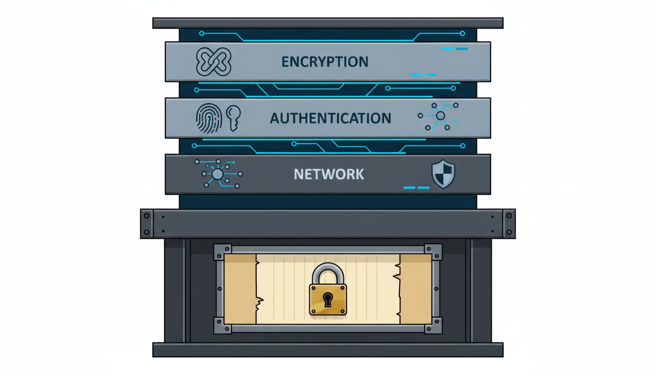 Layered security diagram showing physical paper storage at the most protected layer