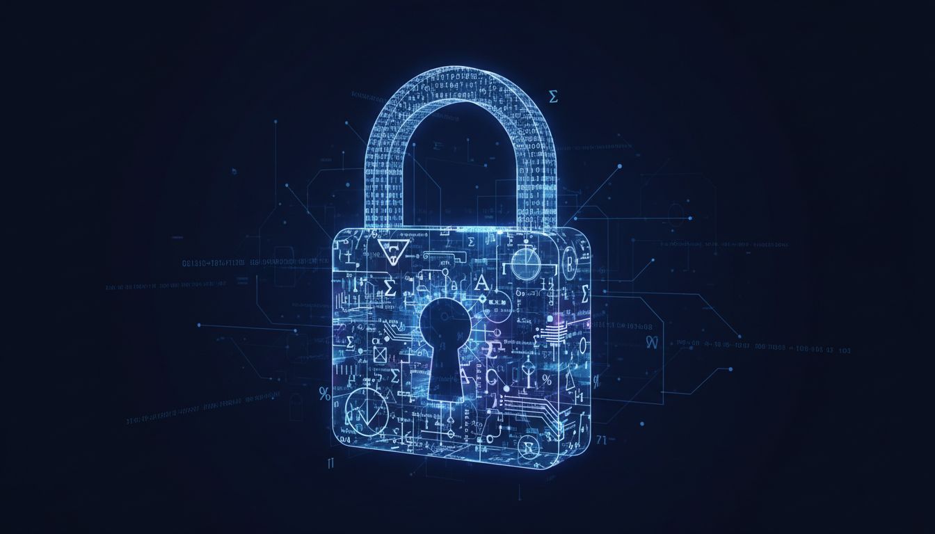 A glowing padlock constructed from cryptographic symbols and hash strings against a dark blue background