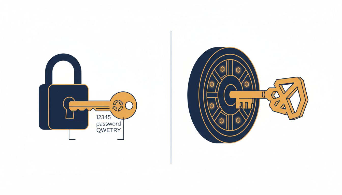 Diagram comparing a weak reused password protecting multiple accounts versus a password manager with unique keys per account vault