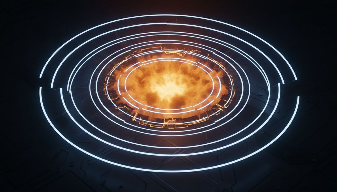 Abstract diagram showing a security breach contained by layered internal boundaries, with the blast radius visibly constrained