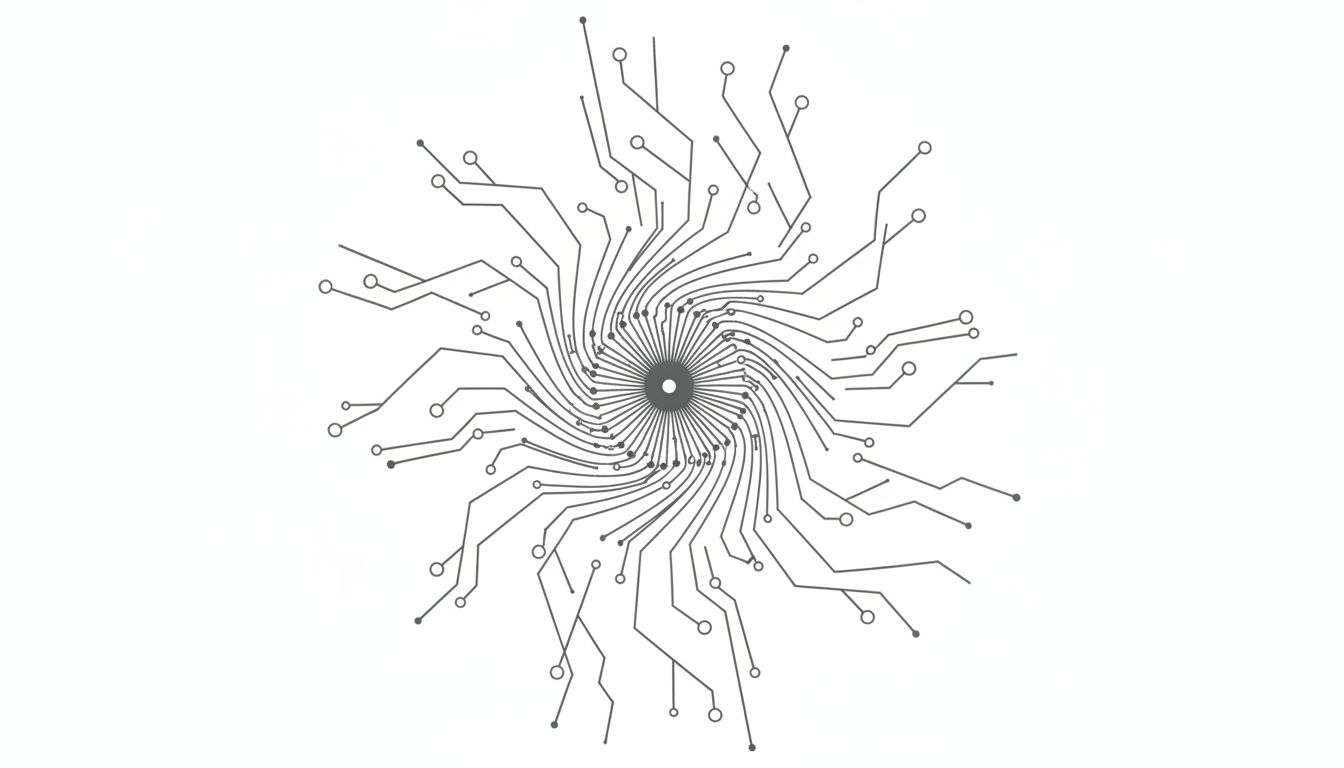Branching paths converging back to a single central node, illustrating the idea that all product complexity should return to one core interaction