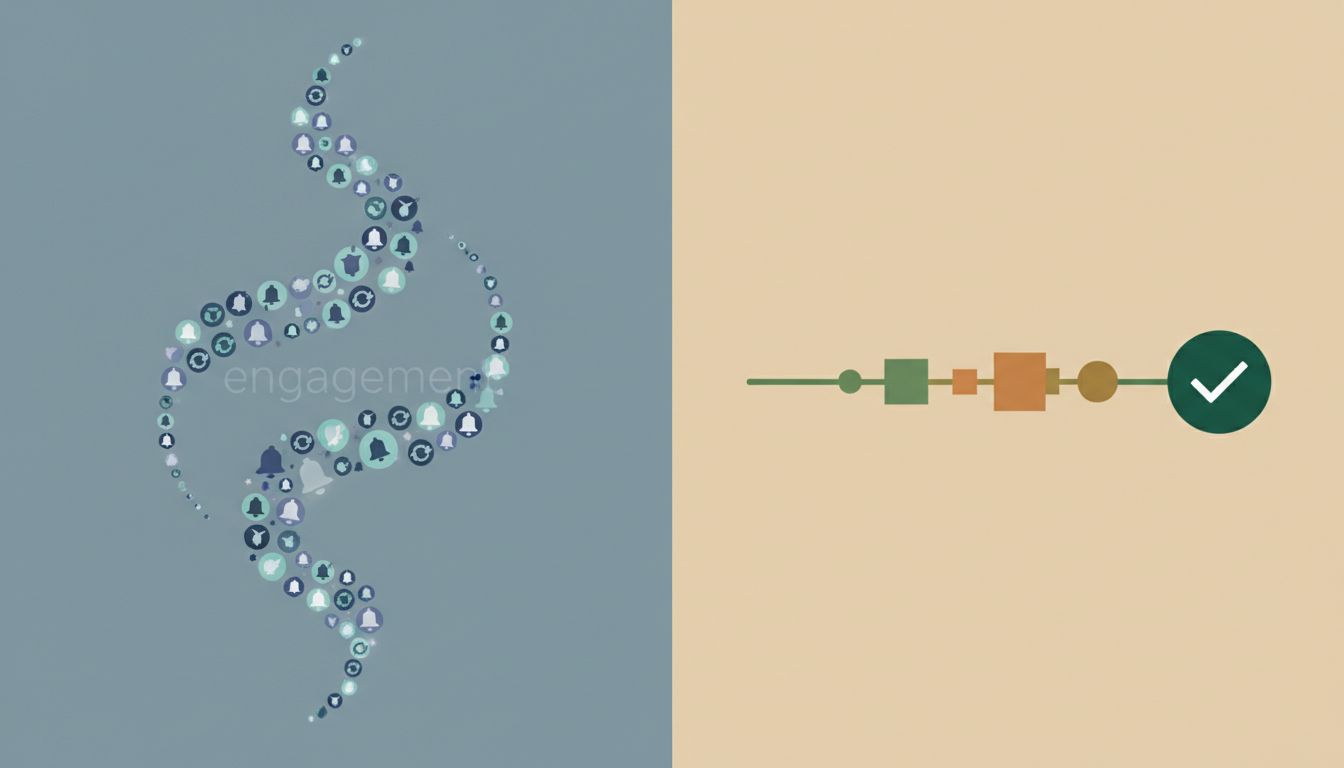 Diagram contrasting engagement loop design versus resolution-focused design in apps