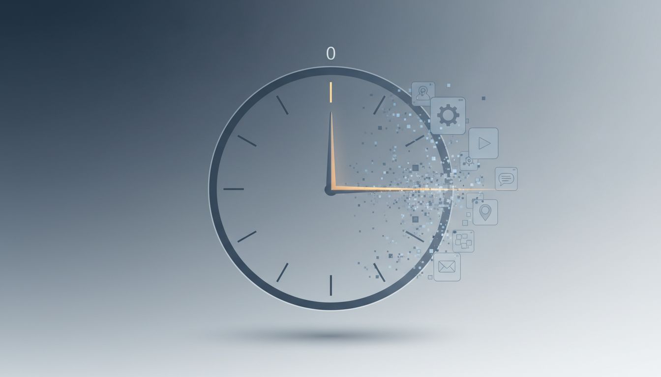 Illustration of a clock dissolving into minimal app interface fragments, suggesting apps designed for minimal use