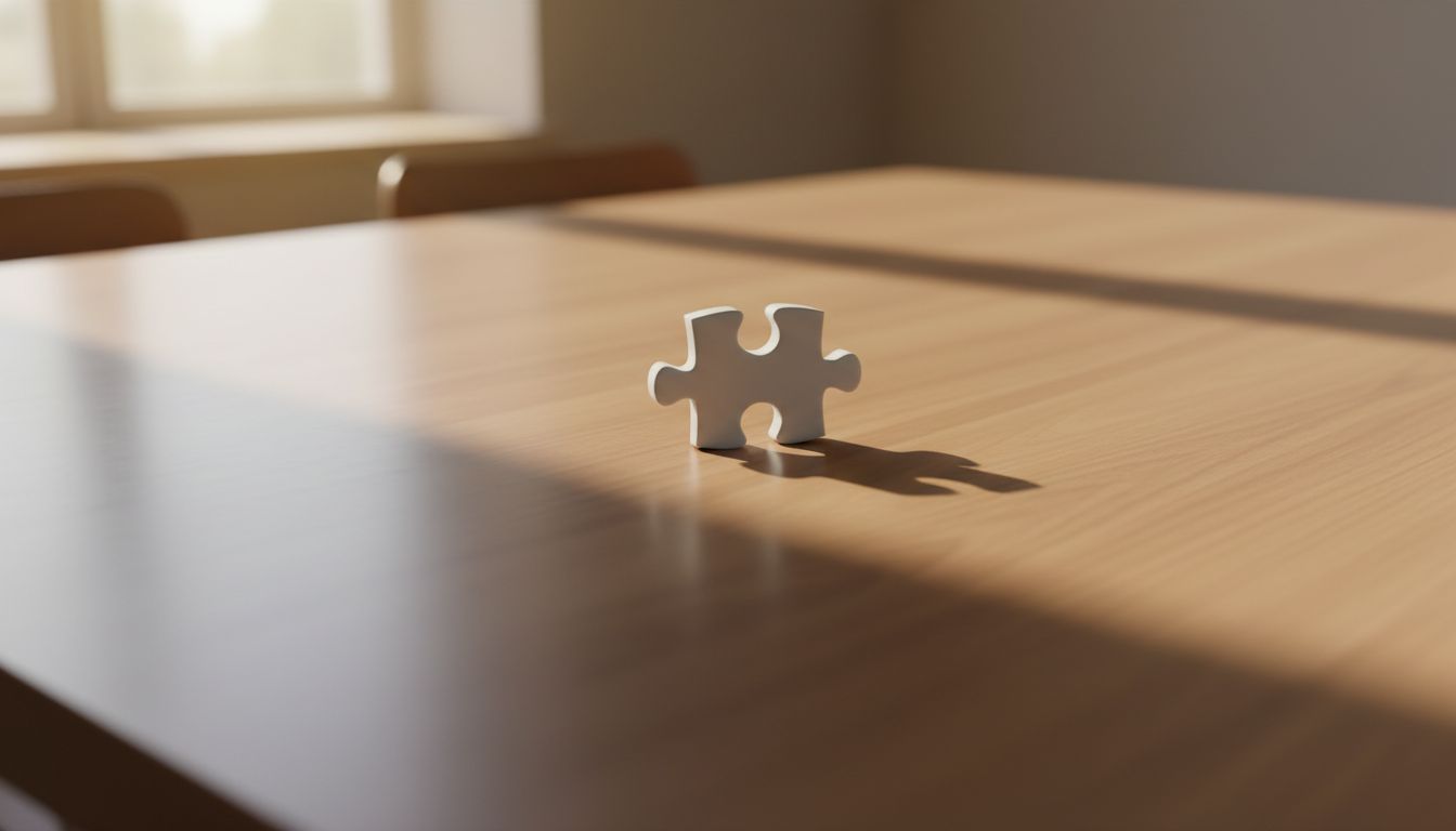 A single puzzle piece alone on an empty table, representing the concept of designed scarcity in products like Wordle