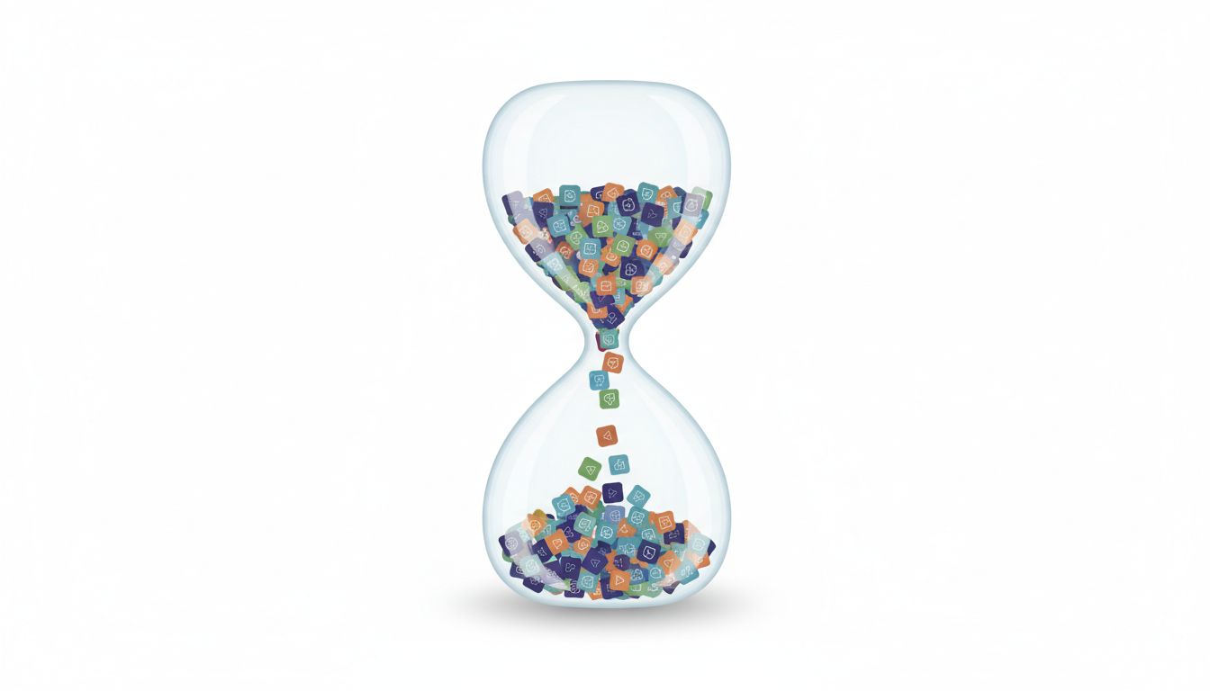 An hourglass filled with app icons instead of sand, representing deliberate time limits in app design