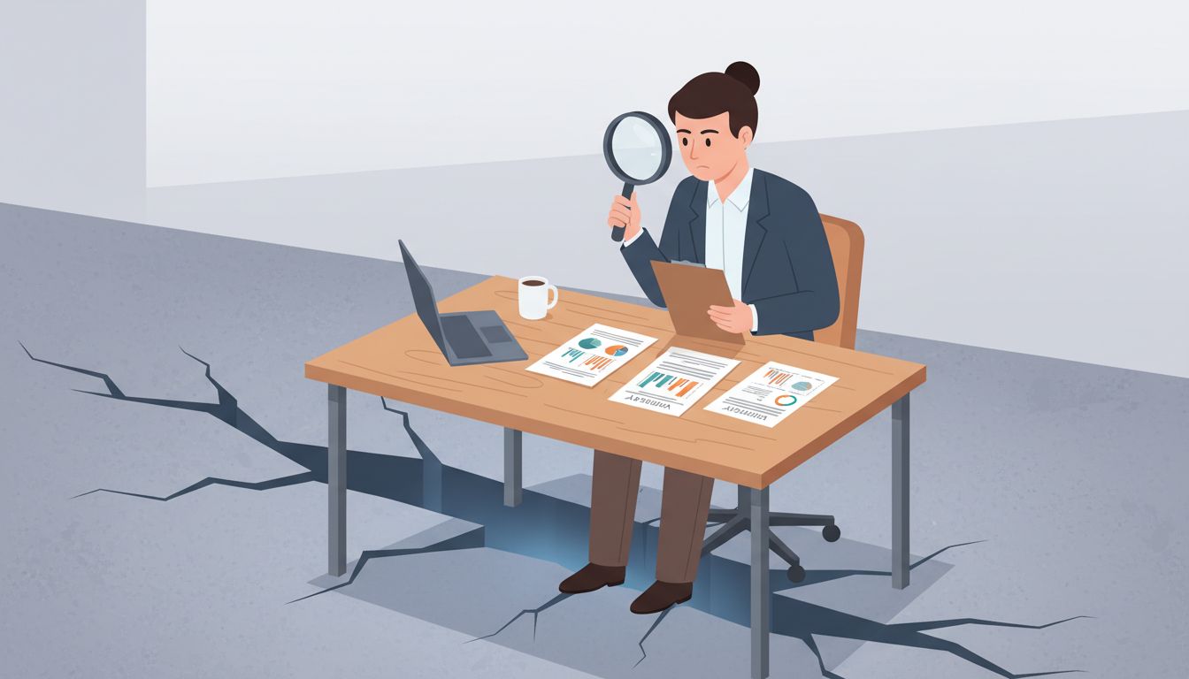 A researcher examining survey data while missing an obvious problem directly behind them