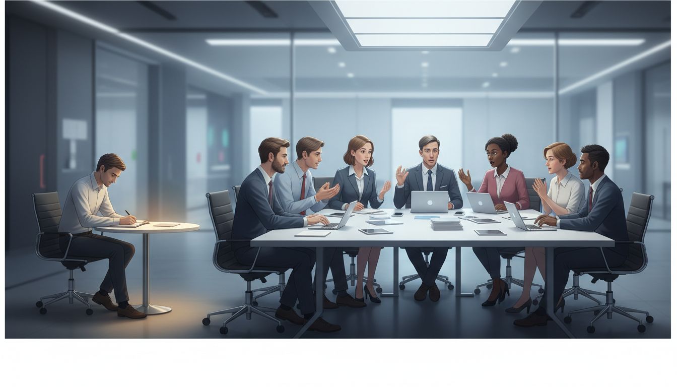 A lone person sitting apart from a noisy focus group, quietly documenting observations