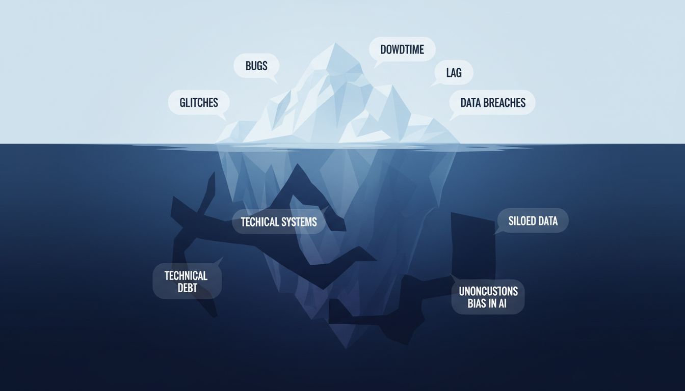 An iceberg diagram showing visible market complaints above the waterline and much larger unspoken problems submerged below