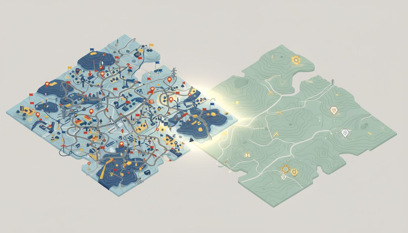 Diagram contrasting a saturated market full of competitors with an empty adjacent market containing untapped resources