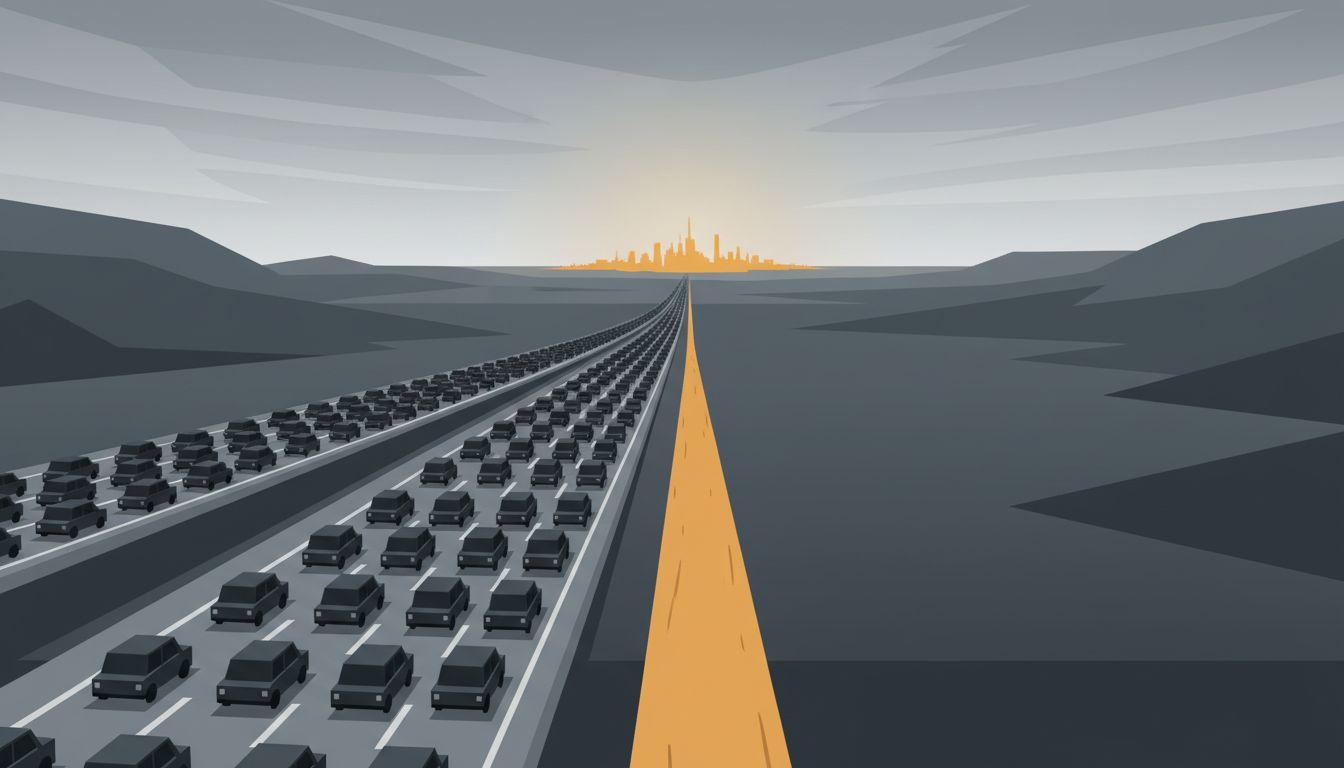 Illustration of a lone road leading toward a bright destination while a crowded highway heads the opposite direction