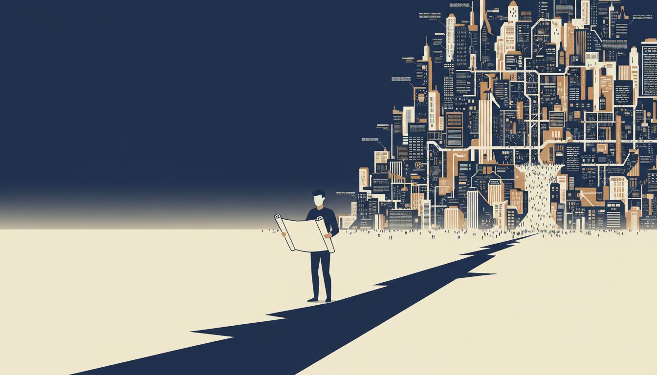 A lone figure with a blank map stands at the edge of unmapped territory, contrasting with a fully charted city behind them