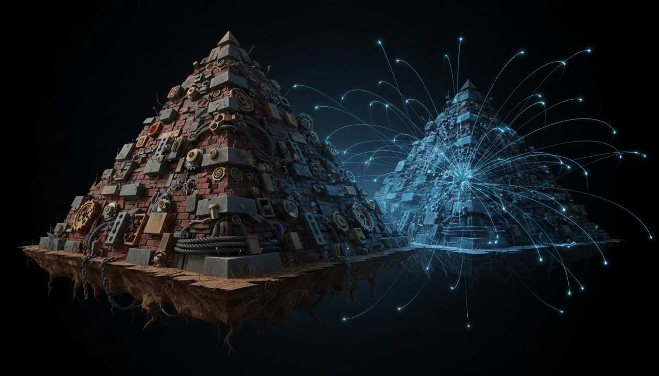 Abstract illustration contrasting heavy physical industrial assets with light, expansive intangible digital network structures