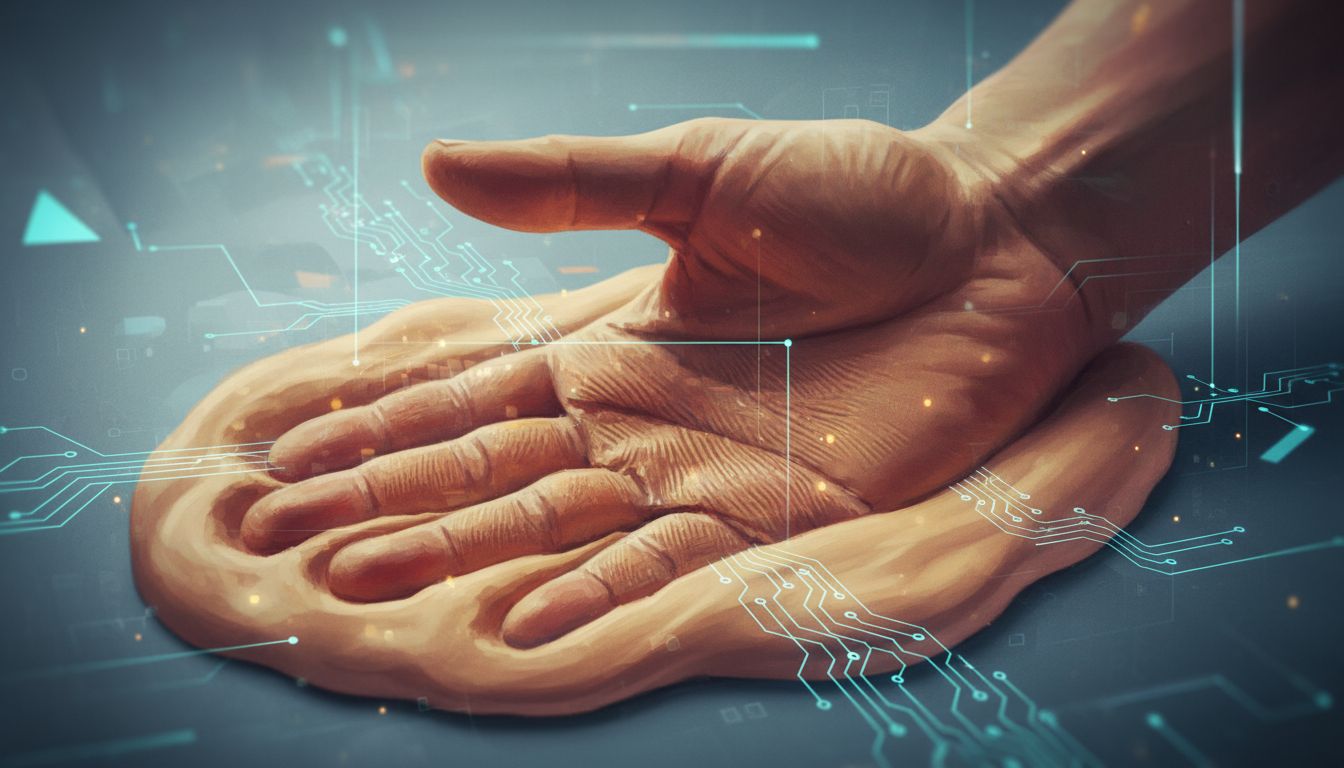 Illustration of a human hand leaving an impression in material surrounded by technical grid lines, representing the transfer of tacit knowledge into systems