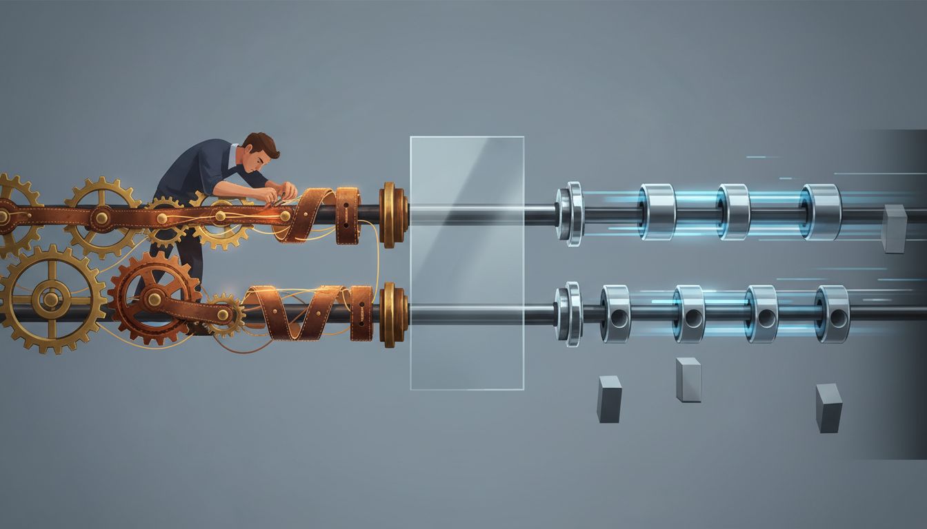 Illustration contrasting manual, detail-rich work on the left with high-speed but hollow automated output on the right