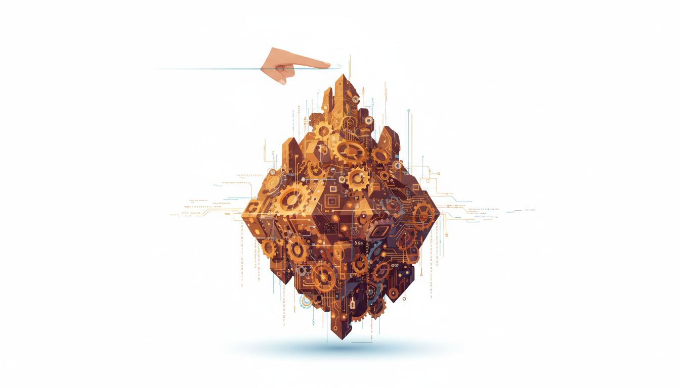 An illustration of a tiny finger swiping away a massive iceberg of engineering complexity beneath the surface