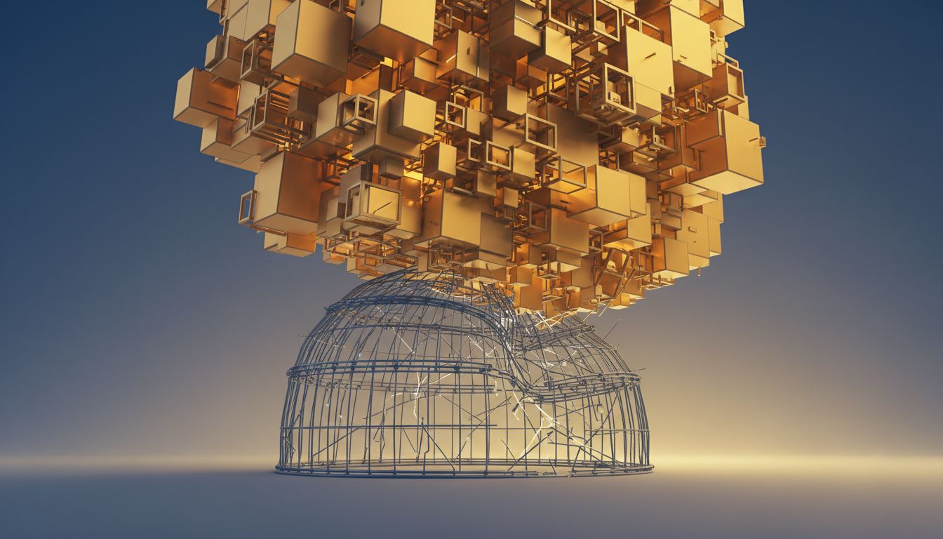 Abstract illustration of a small governance structure being overwhelmed by a larger commercial weight
