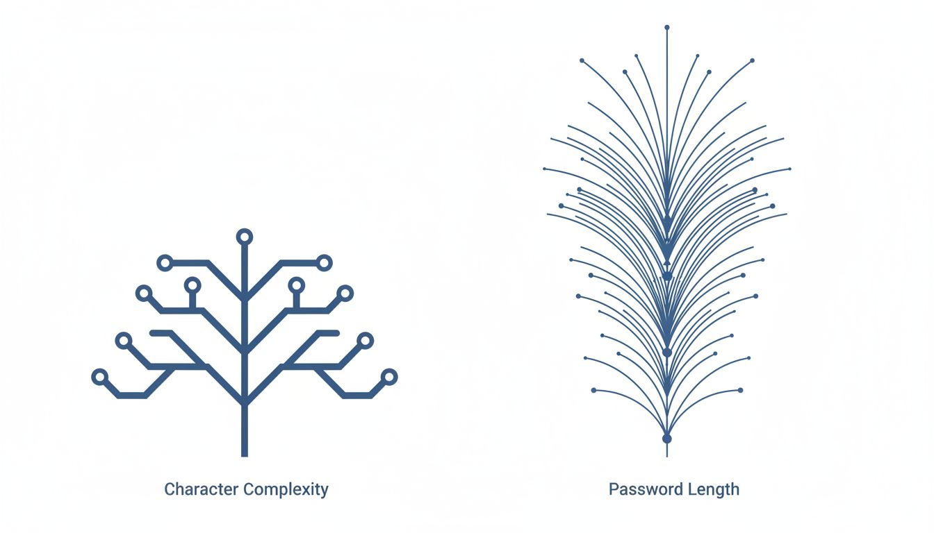 Diagram illustrating how password length exponentially increases search space compared to adding character types