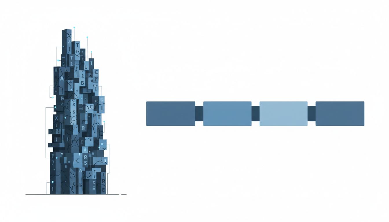 Abstract illustration comparing a complex but fragile password structure to a simple but strong passphrase structure