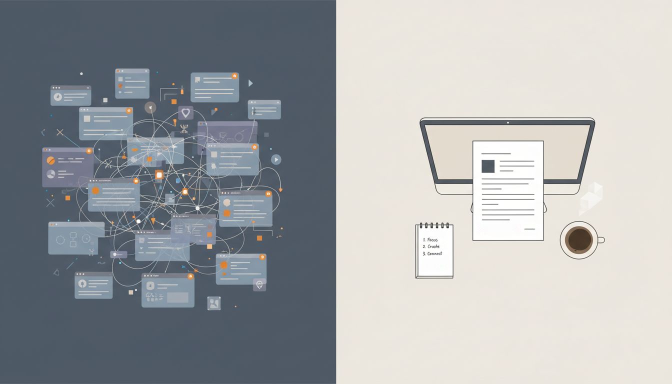 Two workspaces from above: one cluttered with overlapping apps, one clean and minimal