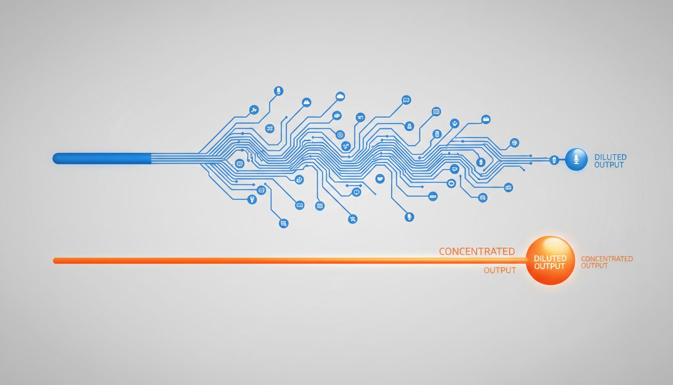 Diagram comparing a branching multi-tool workflow with a single direct workflow, showing output difference