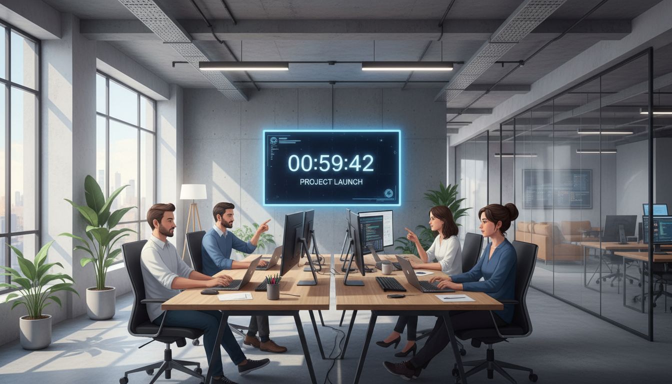 Engineering team working with a shared digital timer visible on a wall screen in a modern office