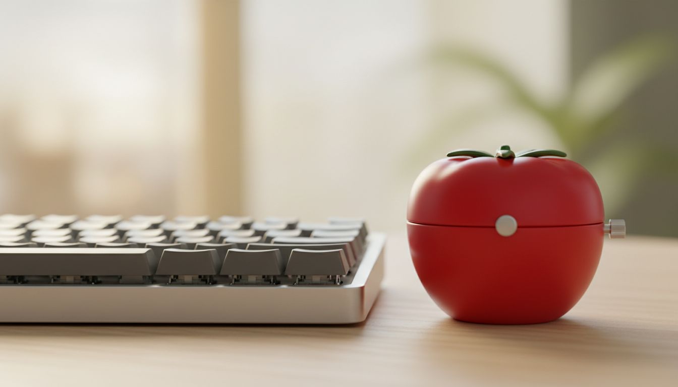 Close-up of a tomato Pomodoro timer next to a mechanical keyboard on a wooden desk