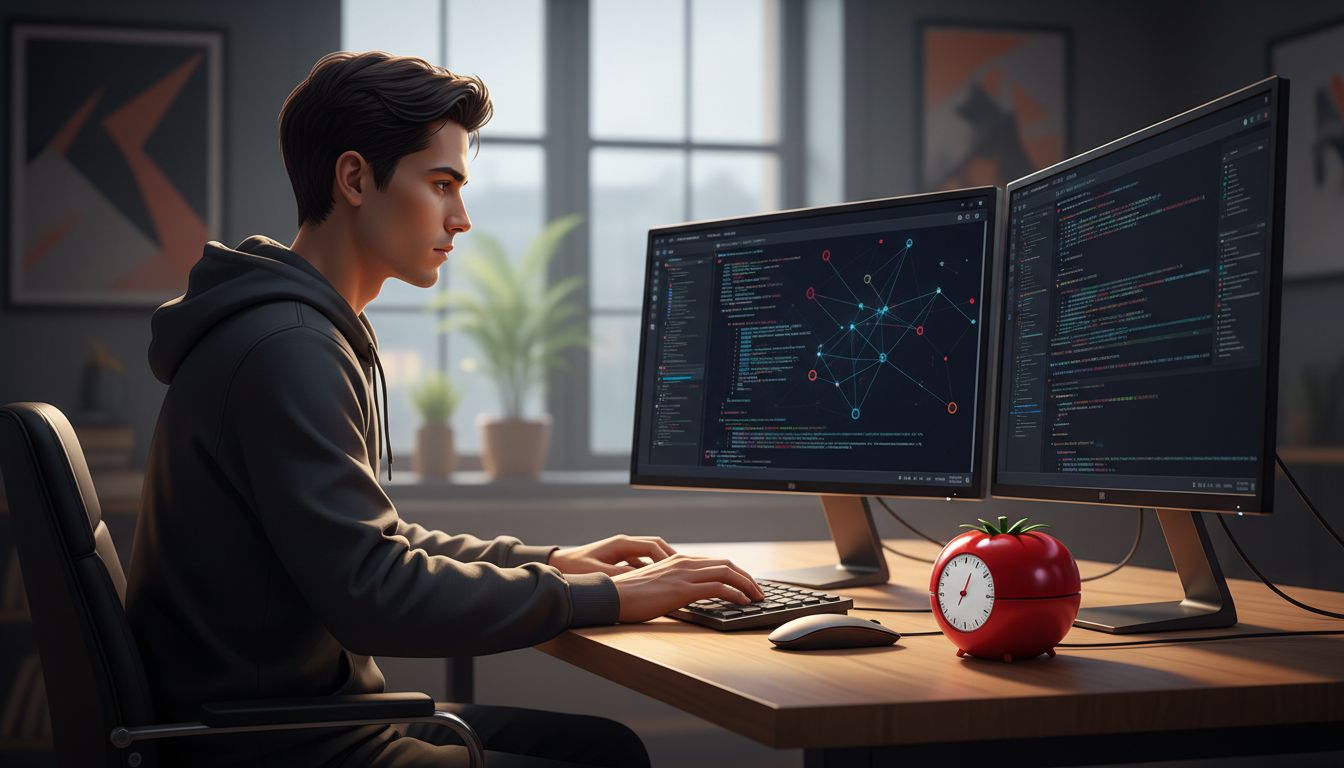 A programmer at a desk with a tomato-shaped Pomodoro timer next to their keyboard and code on screen