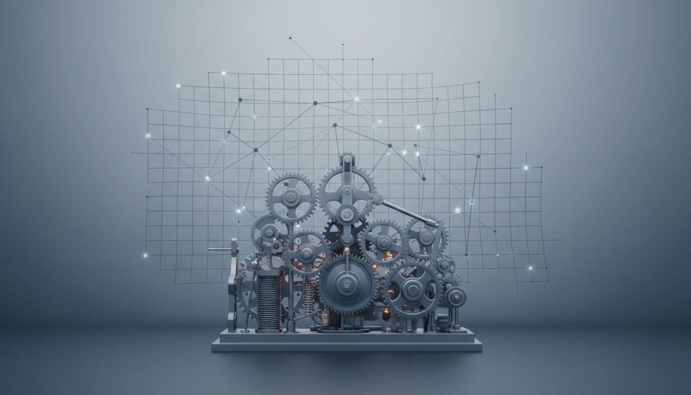 An intricate clockwork mechanism staying fixed while the grid it was designed to fit gradually shifts out of alignment