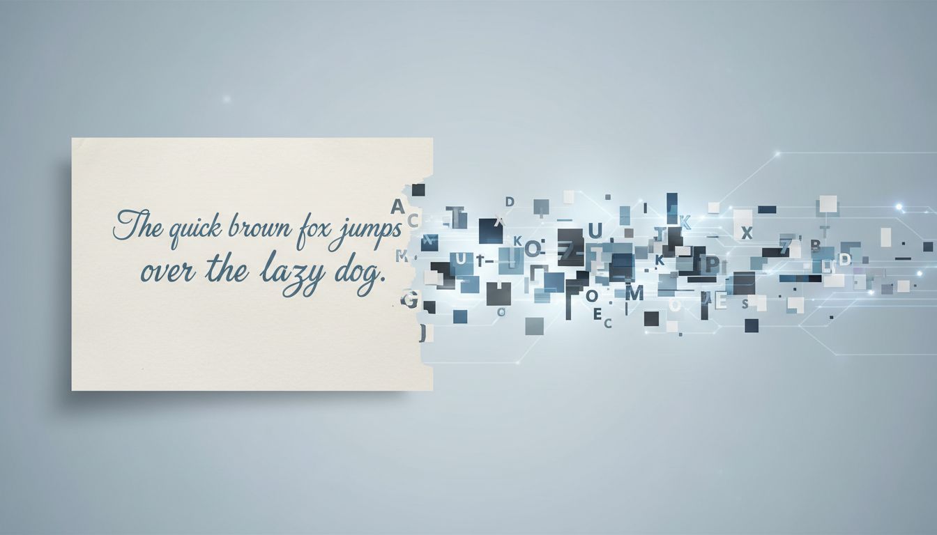 A handwritten sentence transforming into fragmented tokens through a multi-stage processing pipeline