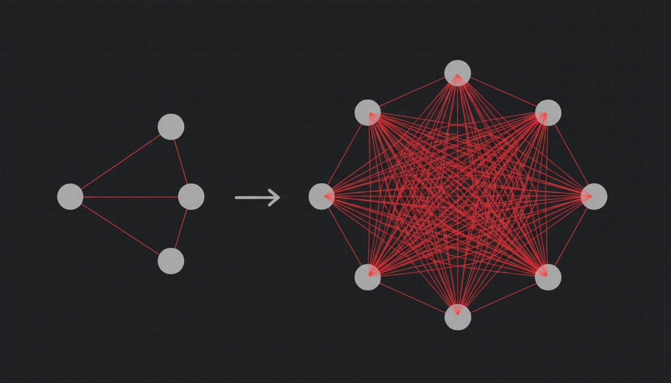 Diagram illustrating how communication links multiply faster than headcount as a team grows