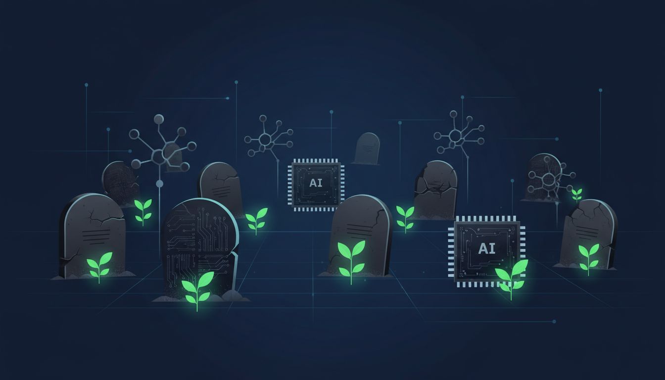 Illustration of AI startup failures represented as a digital graveyard with neural network tombstones