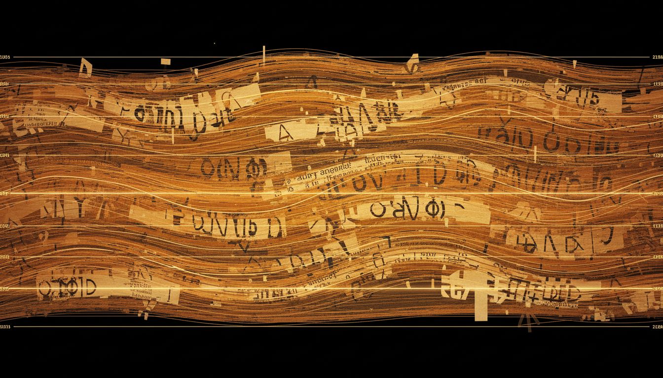 Illustration of organizational memory as layered geological strata made of documents and decision threads