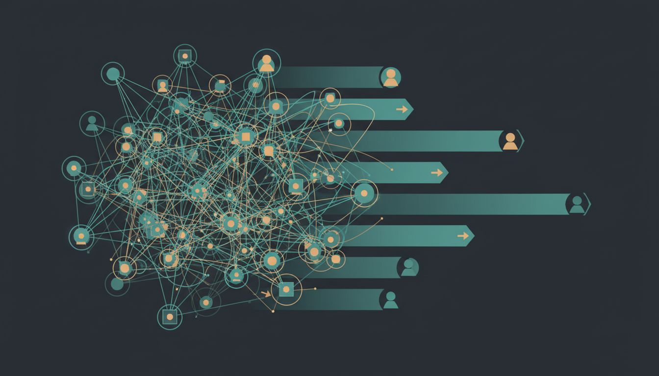Abstract diagram contrasting synchronous communication chaos with the ordered flow of asynchronous communication