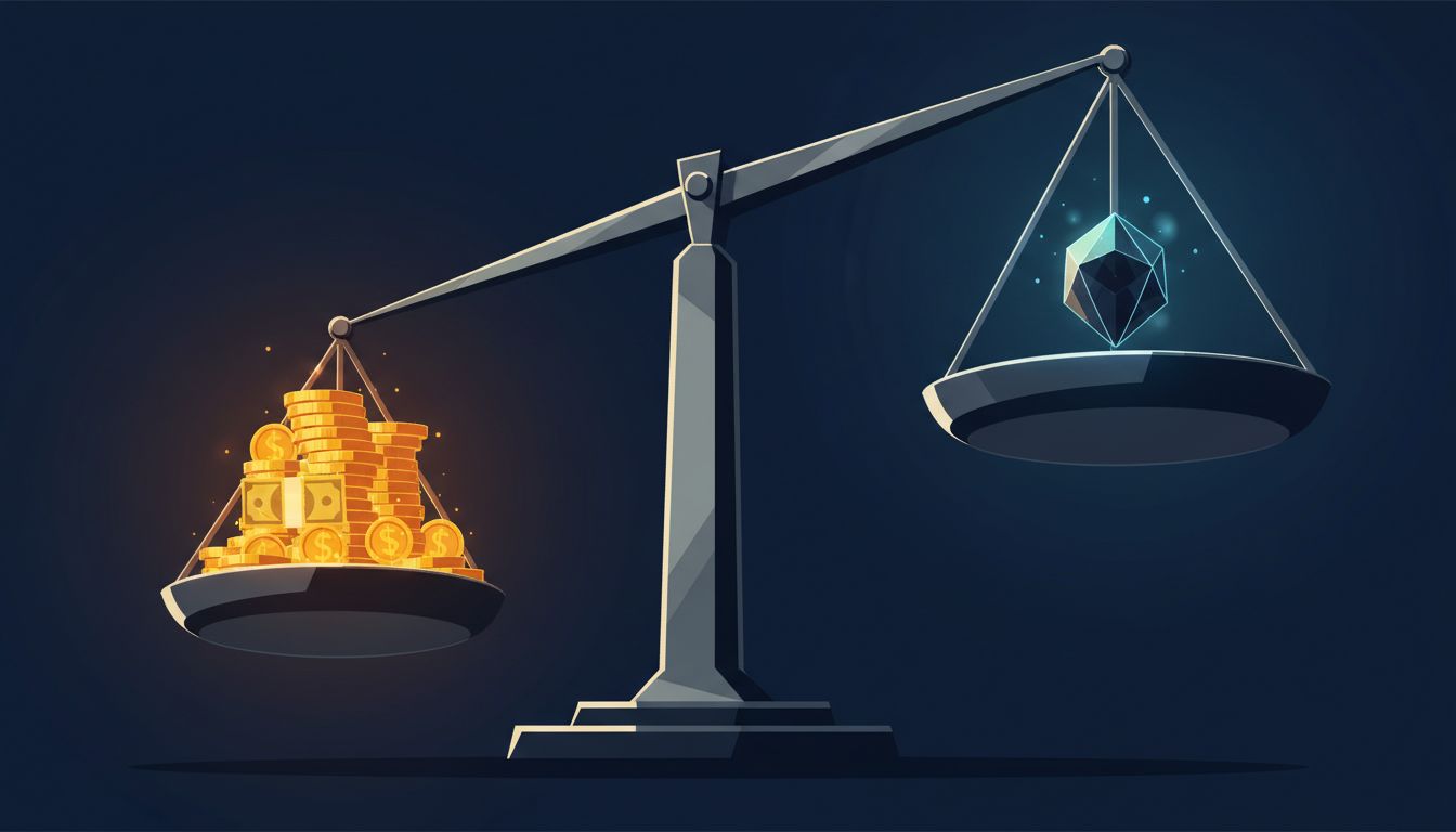 Balance scale weighing an acquisition offer against a product's unrealized potential