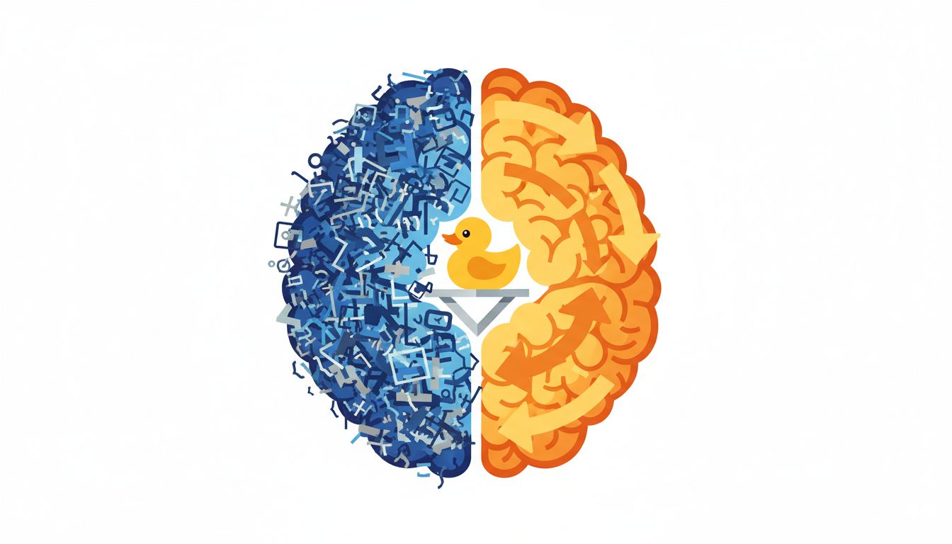Illustration showing two modes of brain processing, tangled code thinking versus structured explanation, balanced by a rubber duck