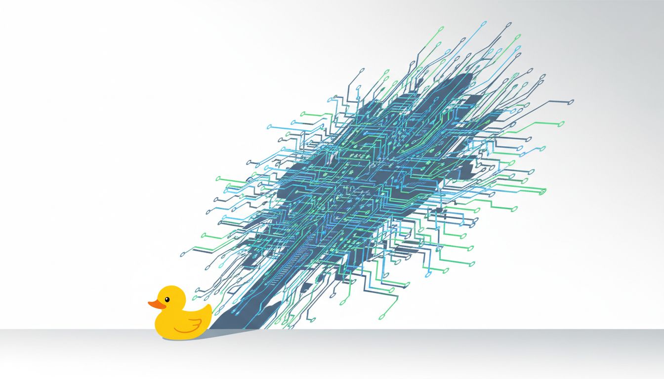 A small rubber duck casting a large shadow made of code and circuit traces