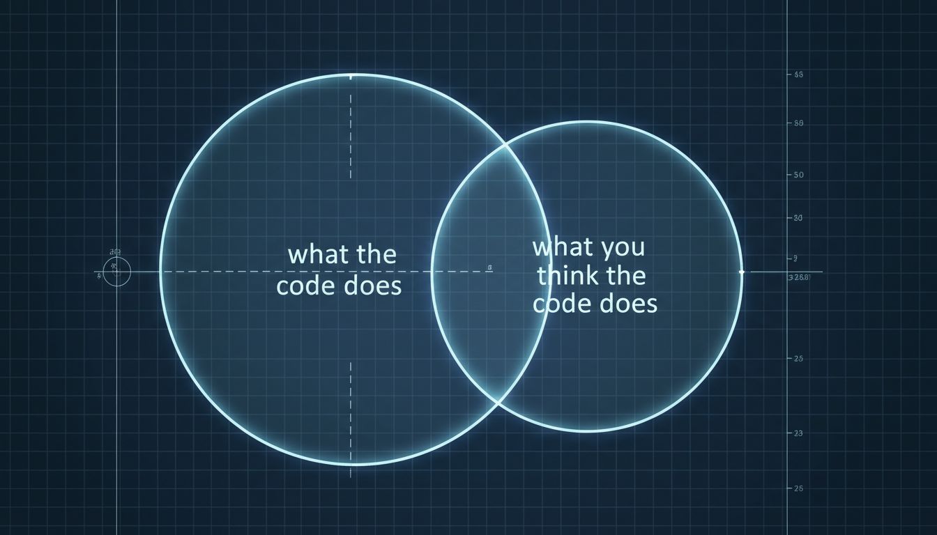 Diagram showing the gap between what code does and what a programmer assumes it does