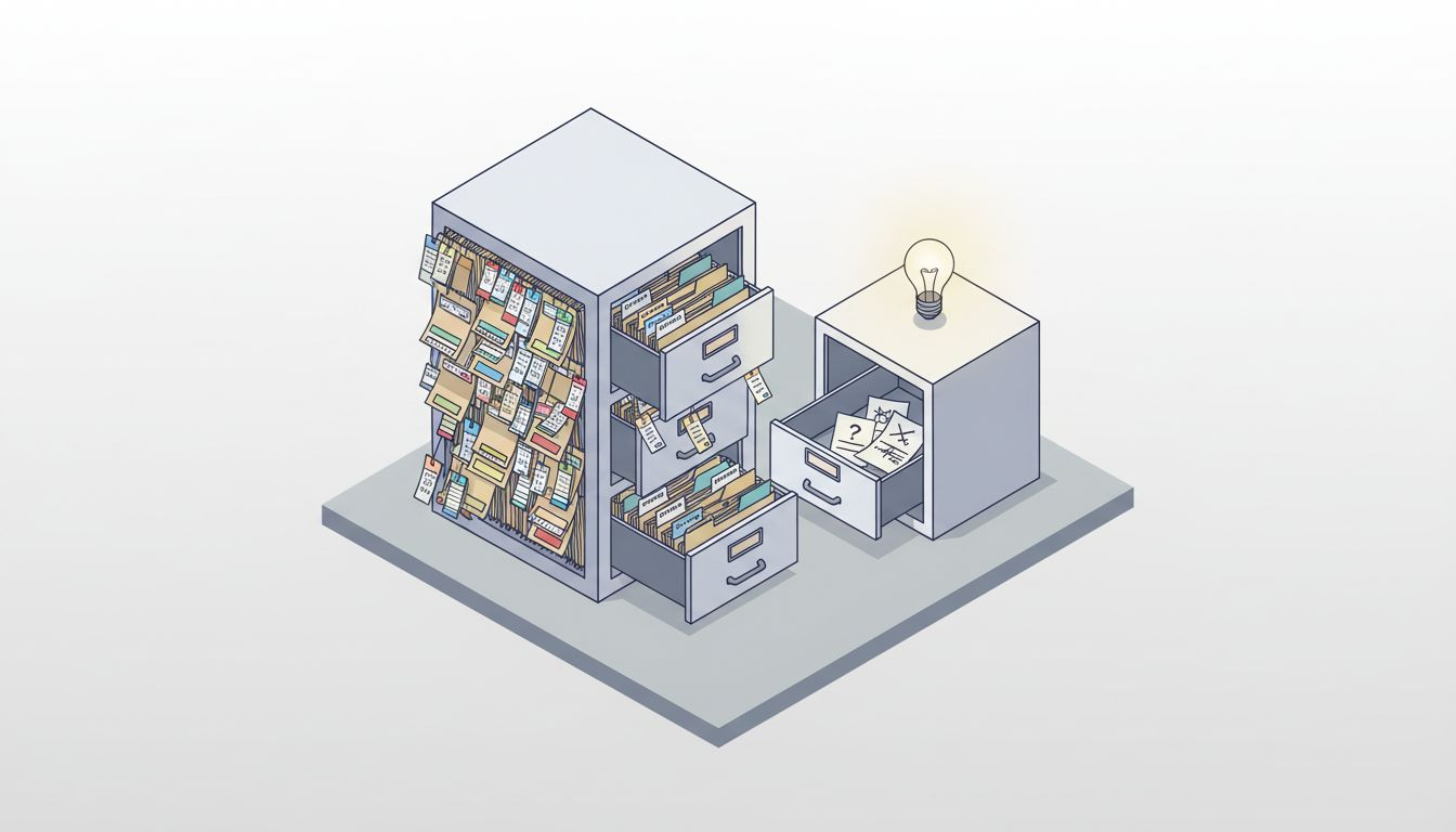 Two filing cabinets contrasted: one enormous and overflowing, one small and sparse with a glowing light bulb above it