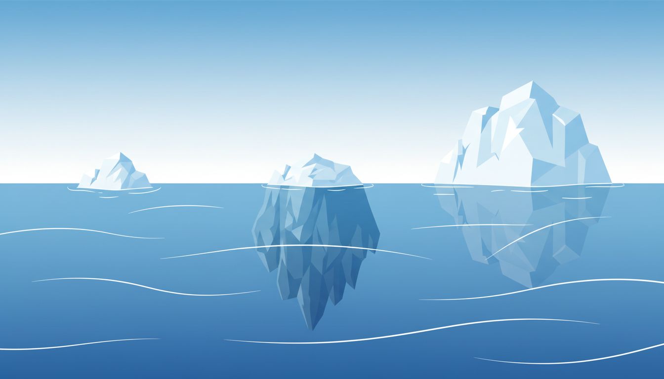 Three icebergs representing cloud pricing tiers, with the middle tier showing the largest hidden mass below the waterline