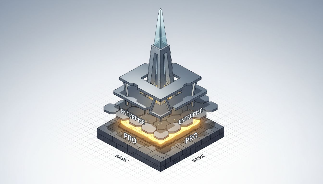 Cross-section diagram of SaaS pricing tiers with the second tier illuminated to show its outsized importance