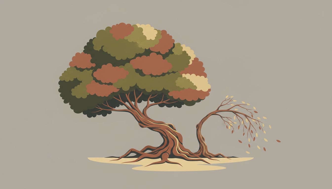 Illustration of a thriving tree beside a struggling second tree grown from the same roots