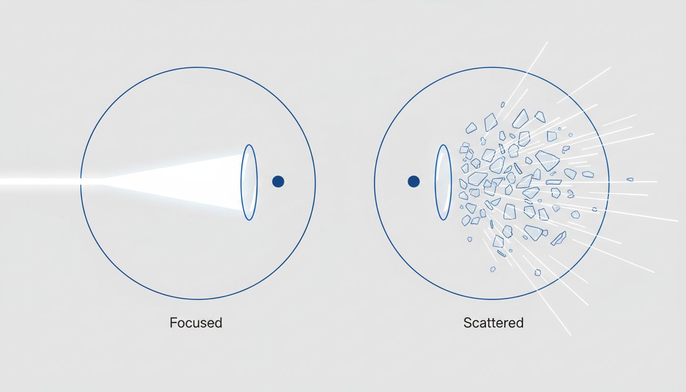 Diagram contrasting a single focused beam of light with scattered diffuse light, representing focused versus fragmented attention