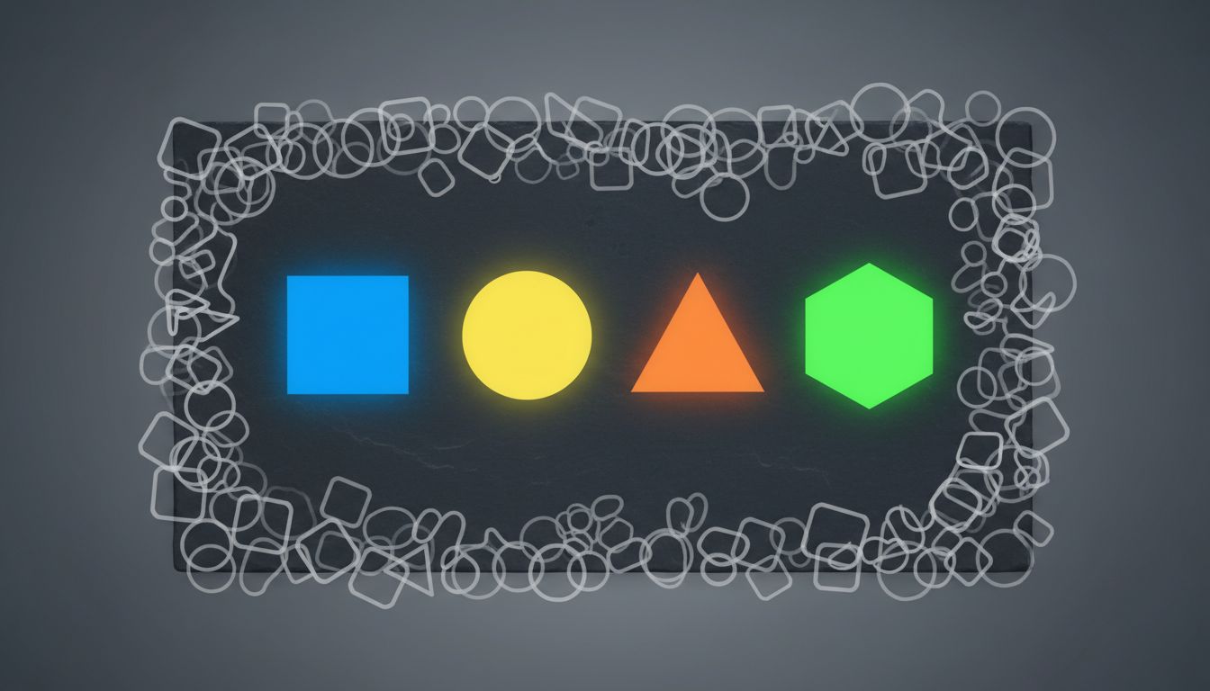 Abstract illustration of a whiteboard holding four vivid shapes while dozens of translucent ones press in from the edges, representing working memory under load