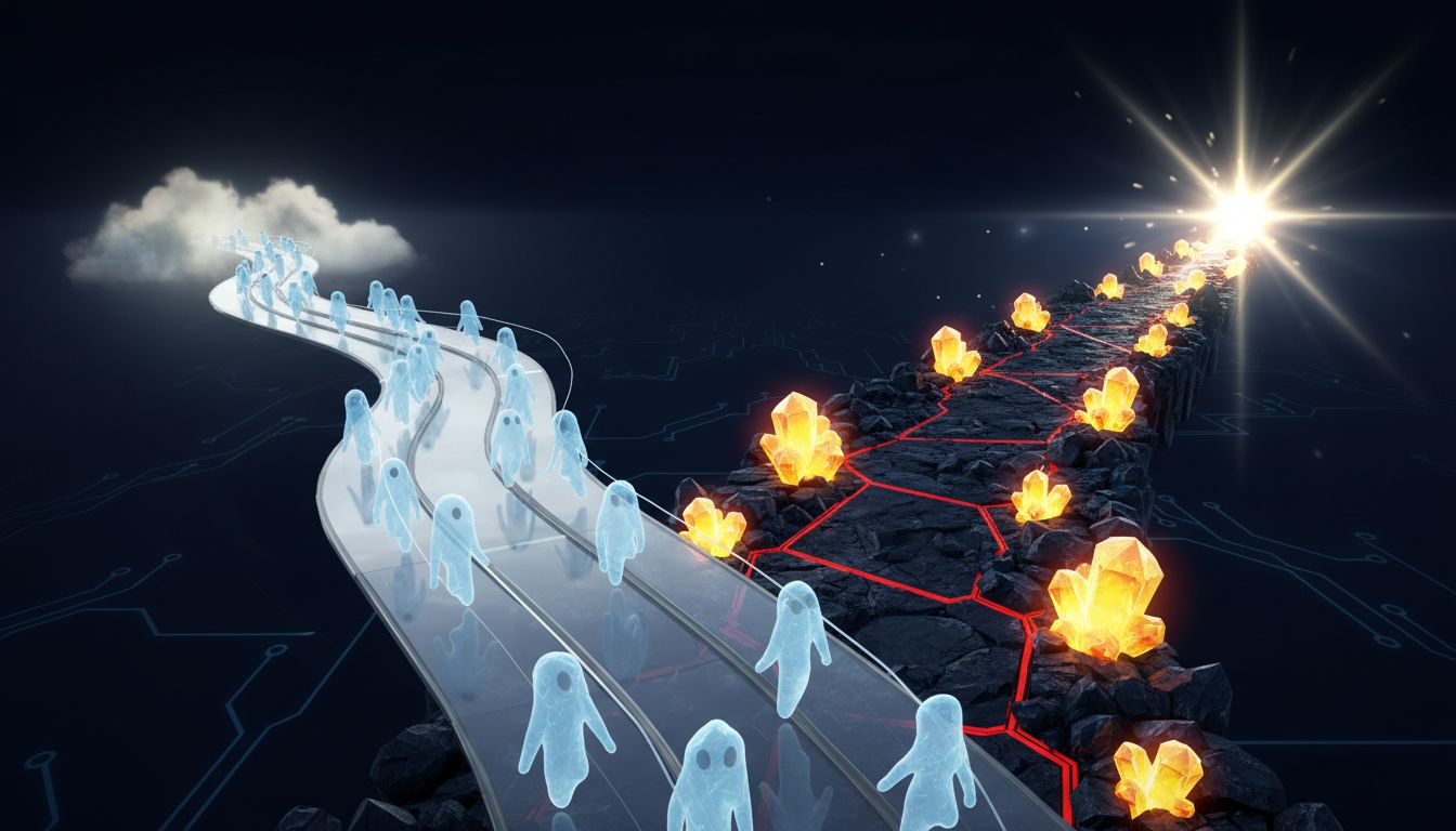 Diagram contrasting the smooth path of autocomplete acceptance with the harder path of genuine skill development