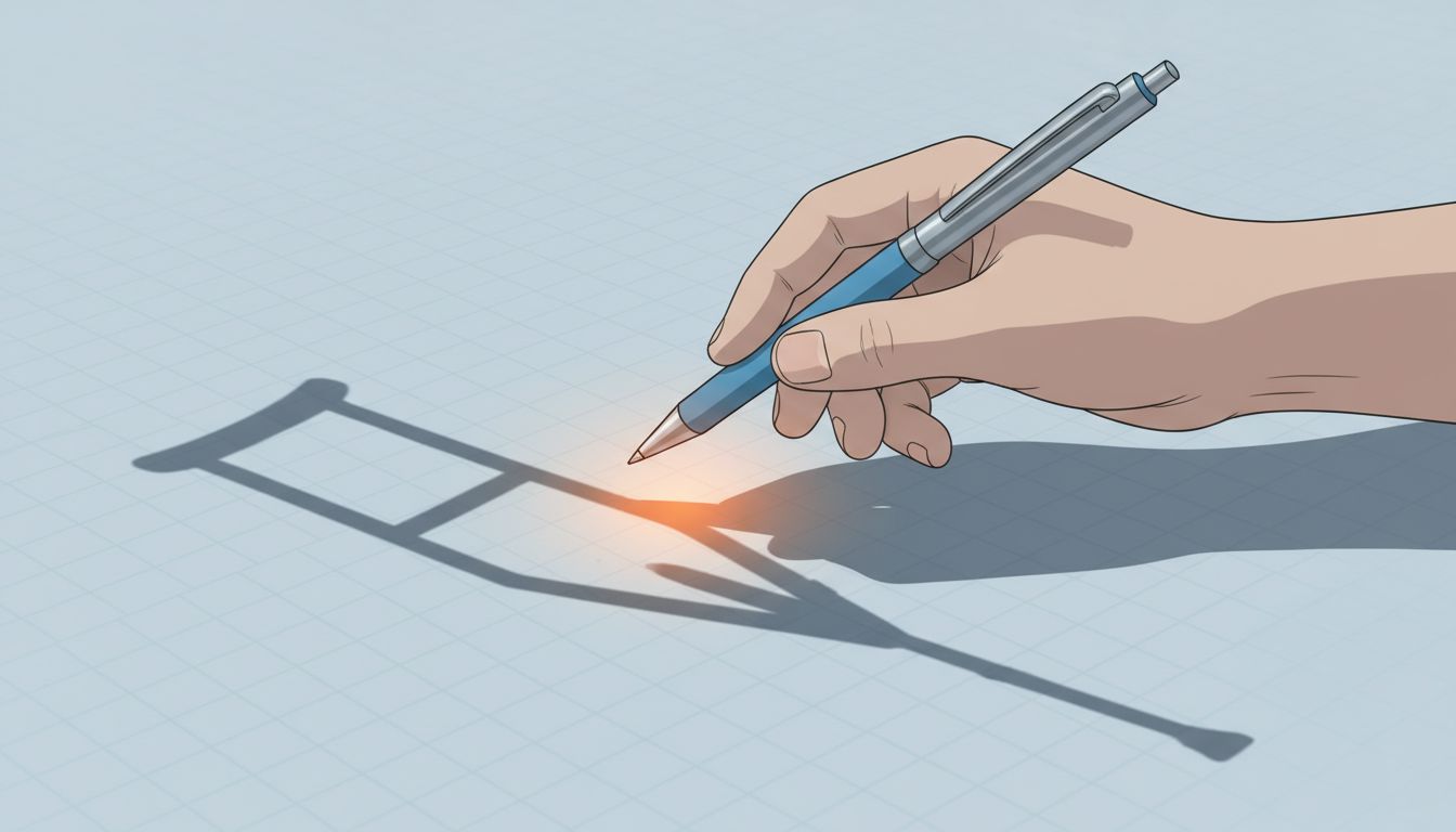 A pen casting a shadow shaped like a crutch, suggesting dependence hidden beneath productivity