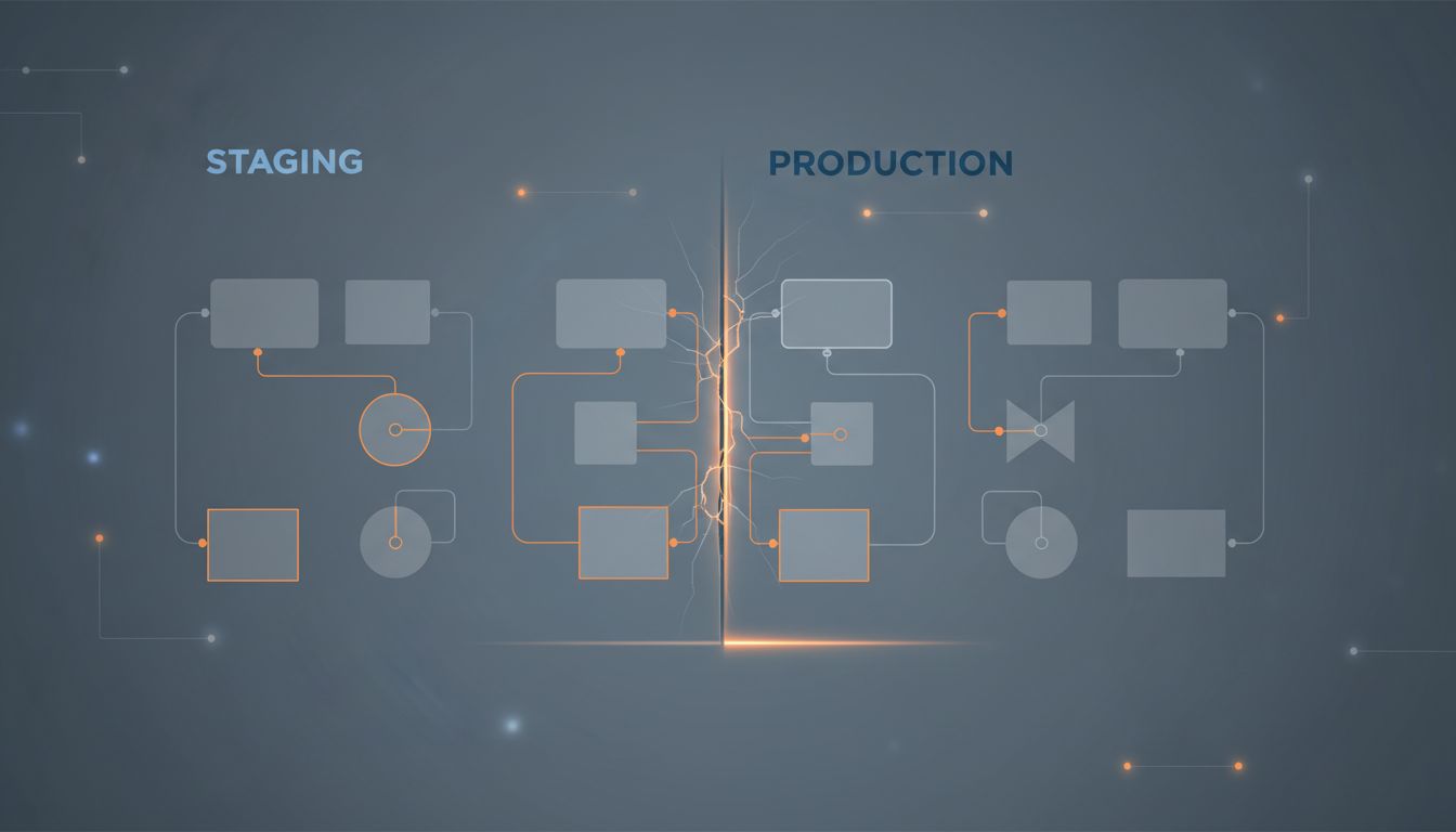 Diagram showing subtle divergence between a staging environment and a production environment
